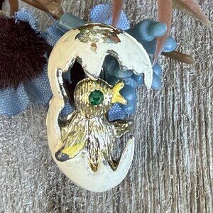 Vintage Chick in Egg Pin Gold Brooch Chick Hatching Rhinestone Green Eye Easter
